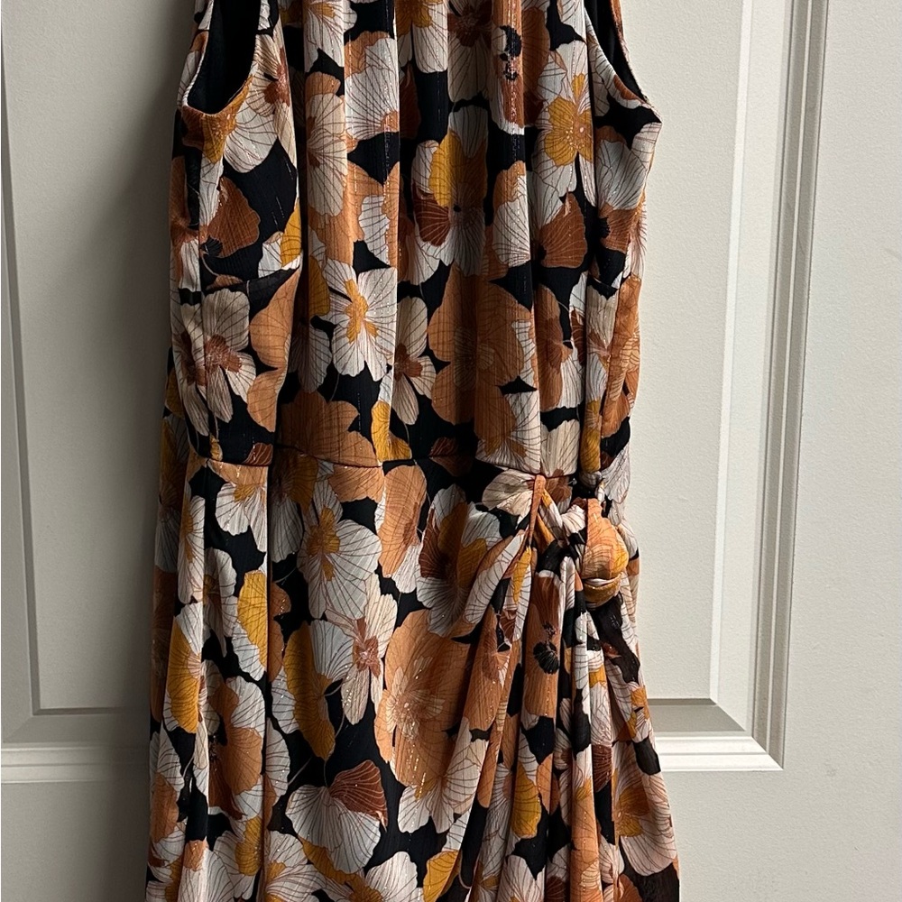 Elegant Floral Midi Dress - Black and Orange